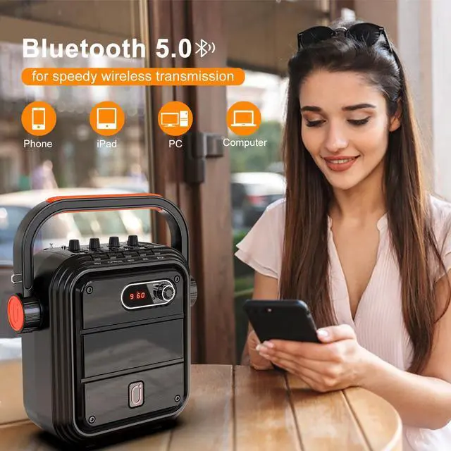 Alt view image 6 of 7 - Karaoke Machine with 2 Wireless Microphones, 5200mAh Portable Speaker Set Bluetooth 5.0 Rechargeable PA System with TWS,FM, REC,Stage Subwoofer Supports BT/USB/TF Card/Aux for Party