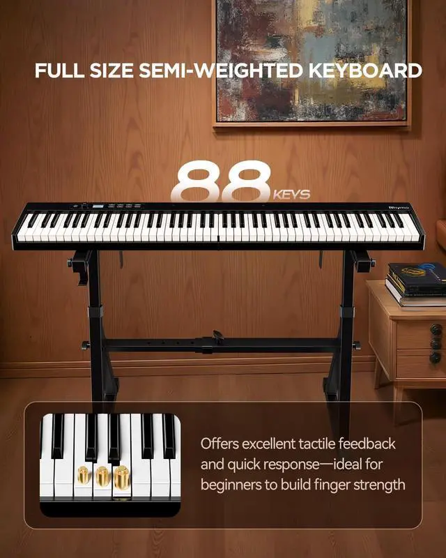 Alt view image 2 of 7 - 88 Key Portable Piano Keyboard, Semi-Weighted Folding Piano Full Size, Ultra Sound Upgrand Imitation Wood Texture Keyboard w/MIDI Bluetooth LCD Display Screen, Sustain Pedal for Beginners Adult