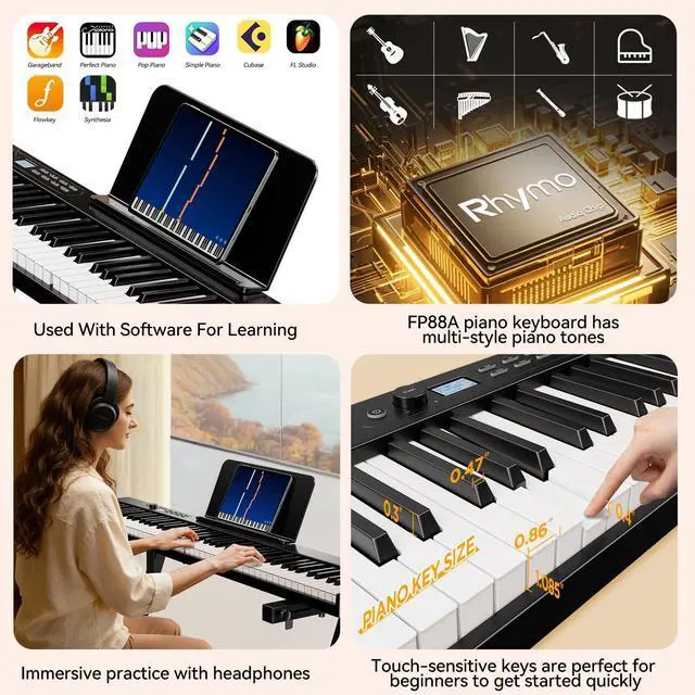 Alt view image 3 of 7 - 88 Key Portable Piano Keyboard, Semi-Weighted Folding Piano Full Size, Ultra Sound Upgrand Imitation Wood Texture Keyboard w/MIDI Bluetooth LCD Display Screen, Sustain Pedal for Beginners Adult