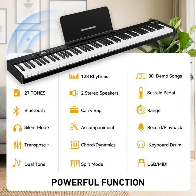 Alt view image 4 of 7 - 88 Key Portable Piano Keyboard, Semi-Weighted Folding Piano Full Size, Ultra Sound Upgrand Imitation Wood Texture Keyboard w/MIDI Bluetooth LCD Display Screen, Sustain Pedal for Beginners Adult