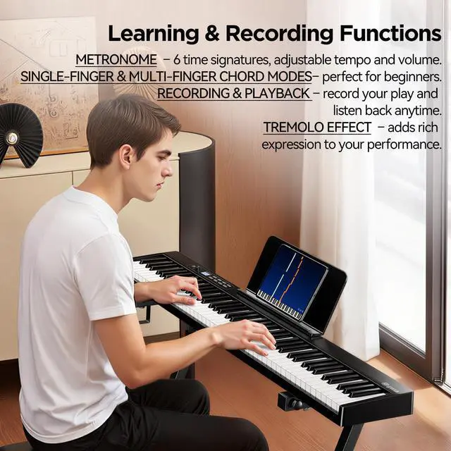 Alt view image 5 of 7 - 88 Key Portable Piano Keyboard, Semi-Weighted Folding Piano Full Size, Ultra Sound Upgrand Imitation Wood Texture Keyboard w/MIDI Bluetooth LCD Display Screen, Sustain Pedal for Beginners Adult