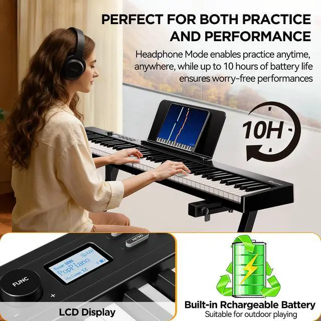 Alt view image 6 of 7 - 88 Key Portable Piano Keyboard, Semi-Weighted Folding Piano Full Size, Ultra Sound Upgrand Imitation Wood Texture Keyboard w/MIDI Bluetooth LCD Display Screen, Sustain Pedal for Beginners Adult