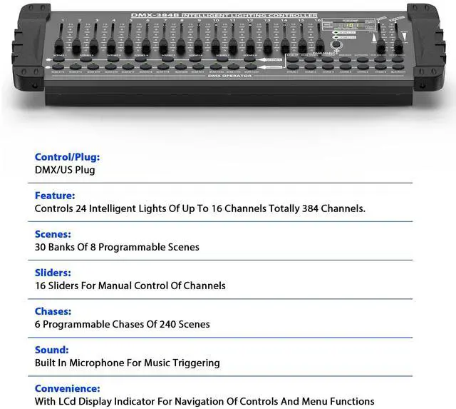 Alt view image 5 of 7 - DJ Controller 384CH Fog DMX-512 DJ Controller Support 30 Banks 8 Scenes 24 fixtures Stage Lighting Console for Program Editing of DJ Lights Show Bar Club Live