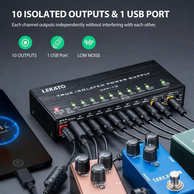 Alt view image 2 of 7 - Guitar Pedal Power Supply, True Isolated Pedal Power Supply with 10 Ports, USB Port, Short Circuit Protection, Guitar Pedal Power DC Output 9V 12V 18V for Effect Pedal