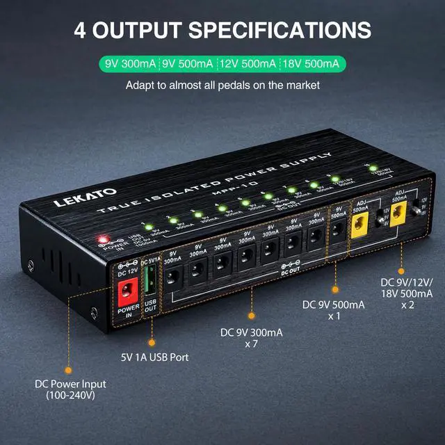 Alt view image 4 of 7 - Guitar Pedal Power Supply, True Isolated Pedal Power Supply with 10 Ports, USB Port, Short Circuit Protection, Guitar Pedal Power DC Output 9V 12V 18V for Effect Pedal
