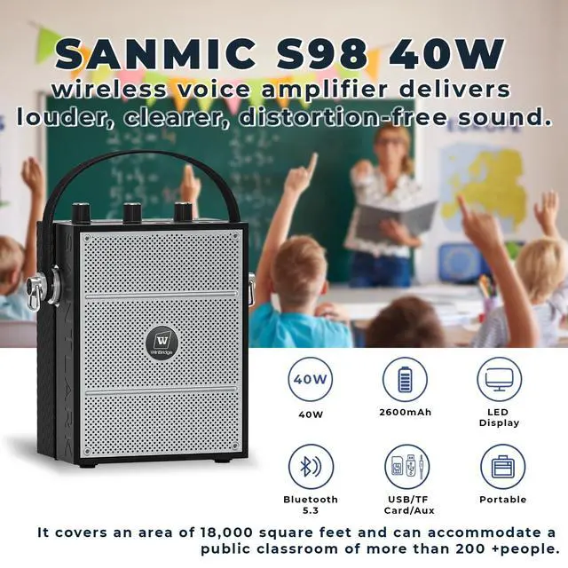 Alt view image 3 of 7 - Bluetooth 5.3 Voice Amplifier with Wireless Microphone Headset S98 | Personal Wireless amplifier Mic for Teachers,40W Loudly Portable Megaphone Pa System for Classrooms,Speeches,Outdoors Indoors