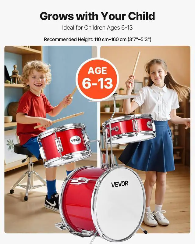 Alt view image 2 of 7 - Kids Drum Set, 3-Piece 14 in Junior Drum Sets, Beginner Drums Set with Adjustable Throne, Cymbal & Two Pairs of Drumsticks, Musical Learning Drums Instruments Kit, for Children Ages 6-13 (Red)