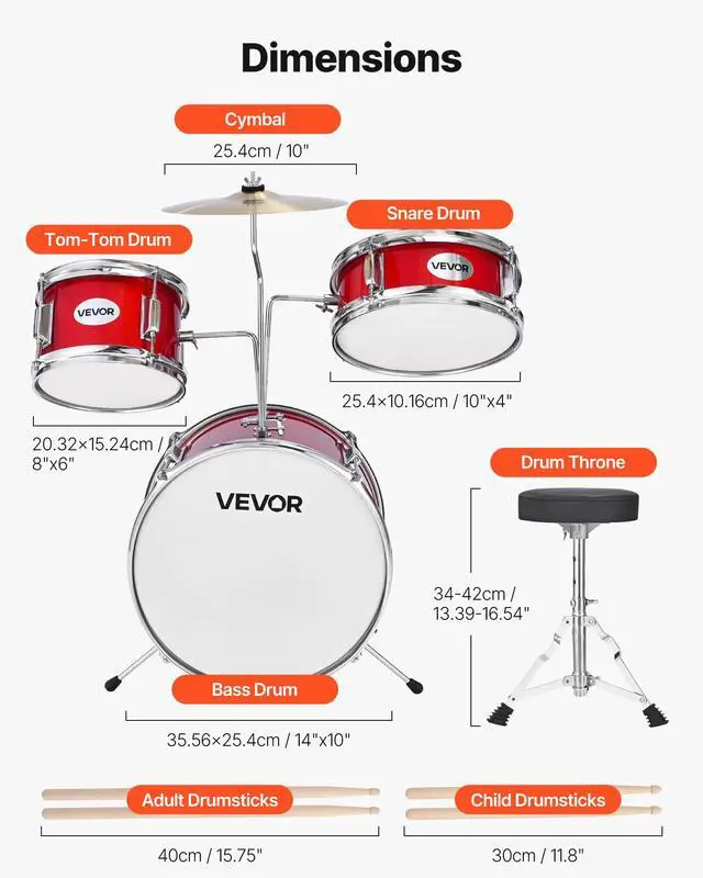 Alt view image 3 of 7 - Kids Drum Set, 3-Piece 14 in Junior Drum Sets, Beginner Drums Set with Adjustable Throne, Cymbal & Two Pairs of Drumsticks, Musical Learning Drums Instruments Kit, for Children Ages 6-13 (Red)