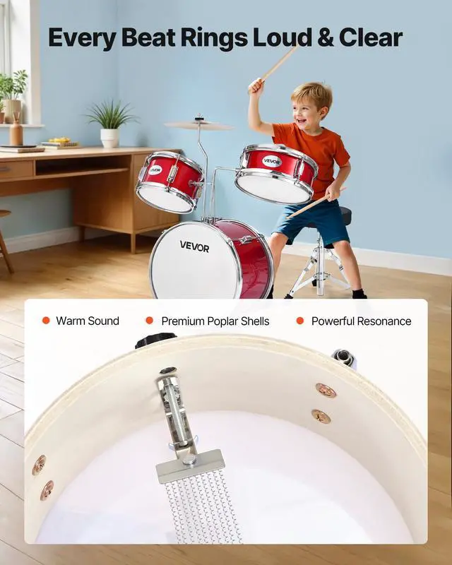 Alt view image 4 of 7 - Kids Drum Set, 3-Piece 14 in Junior Drum Sets, Beginner Drums Set with Adjustable Throne, Cymbal & Two Pairs of Drumsticks, Musical Learning Drums Instruments Kit, for Children Ages 6-13 (Red)