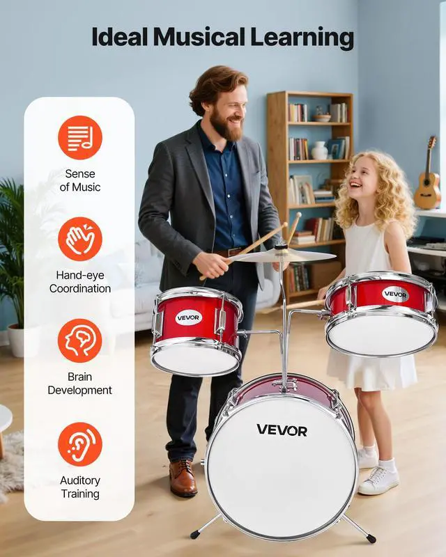 Alt view image 5 of 7 - Kids Drum Set, 3-Piece 14 in Junior Drum Sets, Beginner Drums Set with Adjustable Throne, Cymbal & Two Pairs of Drumsticks, Musical Learning Drums Instruments Kit, for Children Ages 6-13 (Red)