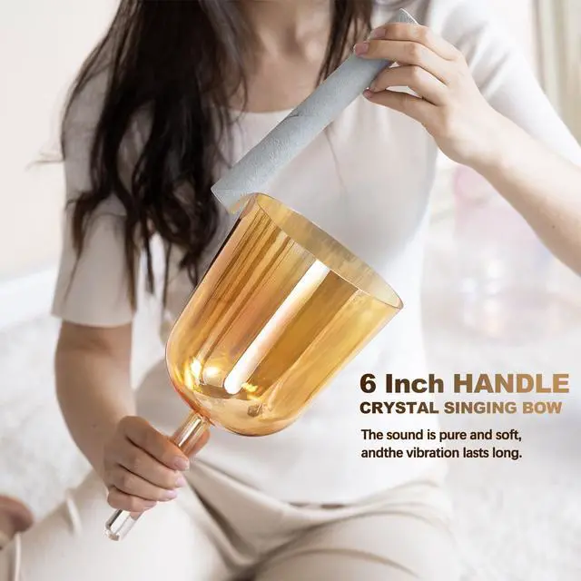 Alt view image 3 of 6 - 432HZ 6 Inch F Note Golden Tea Color Quartz Handle Singing Bowl with Carry Case Bag for Sound Healing and Meditation