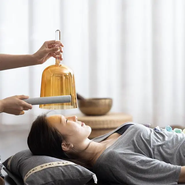 Alt view image 5 of 6 - 432HZ 6 Inch F Note Golden Tea Color Quartz Handle Singing Bowl with Carry Case Bag for Sound Healing and Meditation