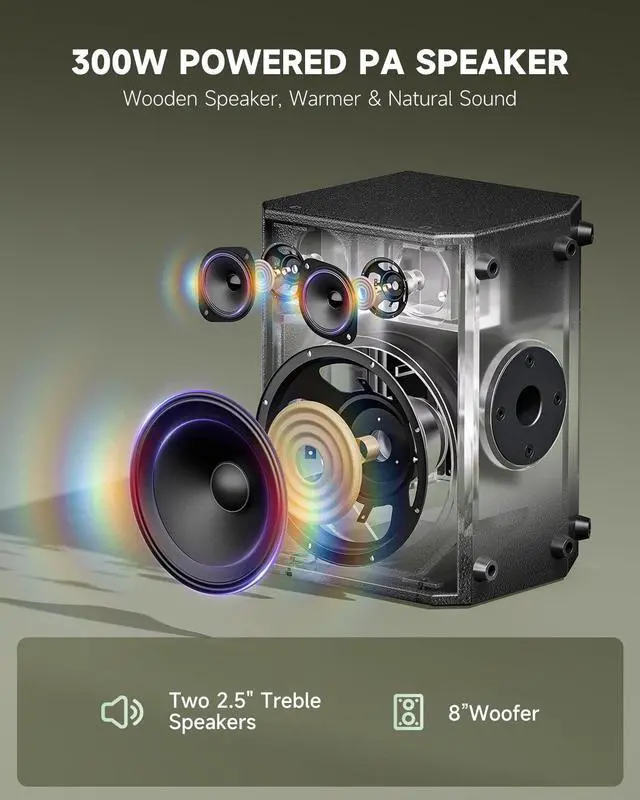 Alt view image 2 of 6 - MT-1 Portable PA System, 300W Wireless BT Speaker Sound Amplifier, 4-6h Outdoor Use, with Two 2.5" Trebles, 8" Woofer, Support TRS 6.35/USB/AUX/Mic Inputs