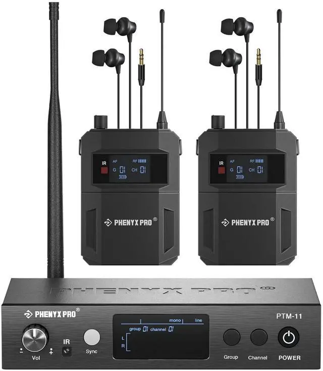 Main image of Wireless in Ear Monitor System,Dual in Ear Monitors for Musicians, Mono Stage Monitor, Metal IEM w/ 2 Bodypacks, 50 UHF Frequencies, Rack Mount, 164ft Range, for Studio/Band (PTM-11-2B)
