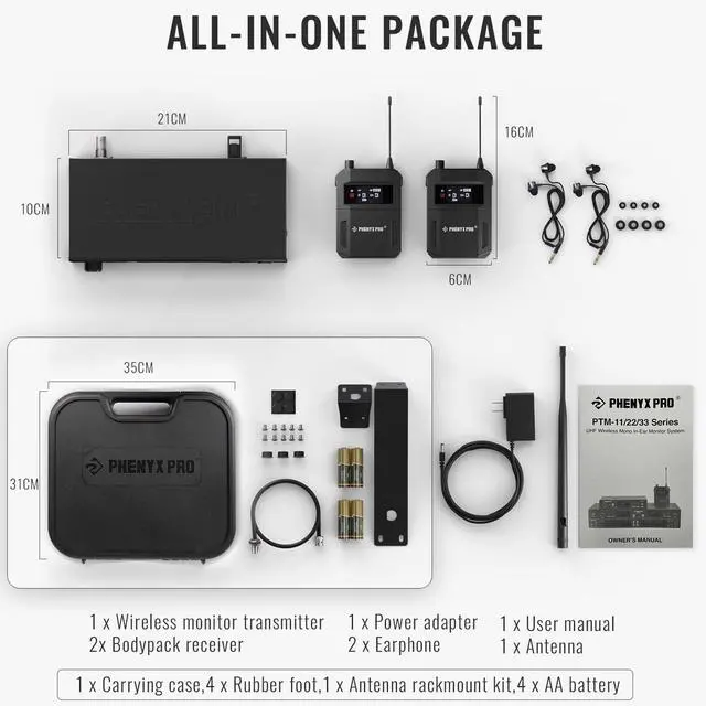 Alt view image 6 of 6 - Wireless in Ear Monitor System,Dual in Ear Monitors for Musicians, Mono Stage Monitor, Metal IEM w/ 2 Bodypacks, 50 UHF Frequencies, Rack Mount, 164ft Range, for Studio/Band (PTM-11-2B)