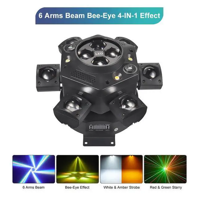 Alt view image 3 of 7 - Moving Head DJ Lights, 150W LED Stage Light 4-in-1 RGBW with 6 Arms Beam, Bee-Eyes Effect, Red Green Starry, White & Amber Strobe, Perfect DJ Stage Lighting for Party Disco Club Wedding Bar