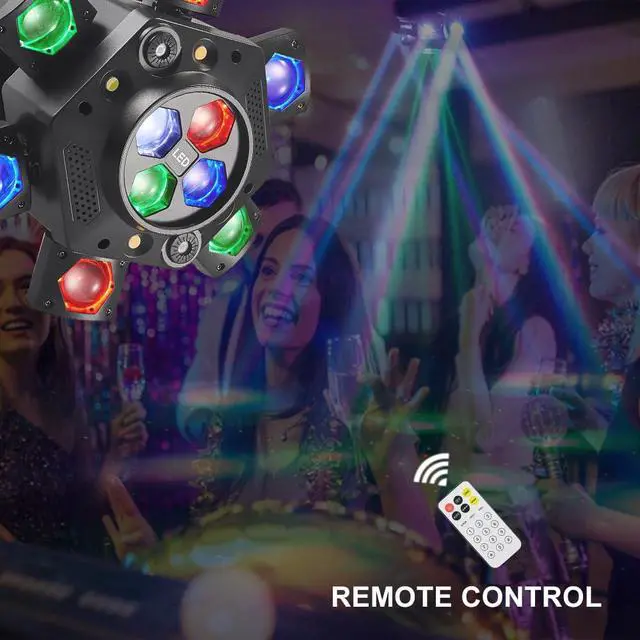 Alt view image 6 of 7 - Moving Head DJ Lights, 150W LED Stage Light 4-in-1 RGBW with 6 Arms Beam, Bee-Eyes Effect, Red Green Starry, White & Amber Strobe, Perfect DJ Stage Lighting for Party Disco Club Wedding Bar