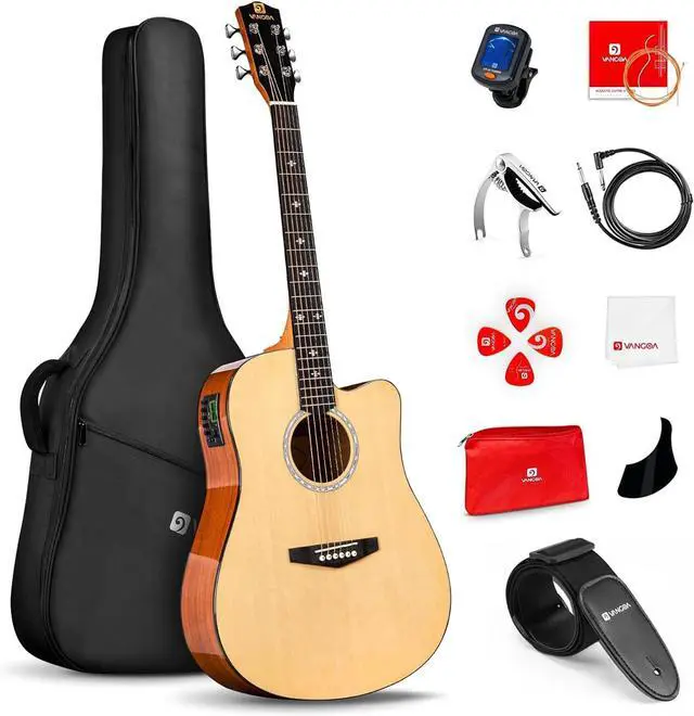 Main image of Electric Acoustic Guitar Kit for Beginners Adults Full Size Cutaway Electric Acoustic Guitar Bundle Set with Built-in Pickups Bag Tuner Strap Capo Picks Cable, Glossy Natural