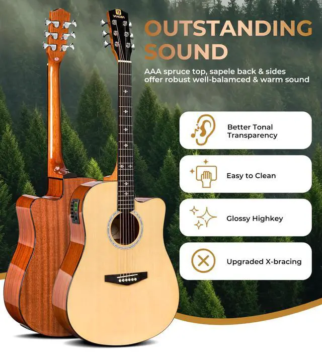 Alt view image 4 of 7 - Electric Acoustic Guitar Kit for Beginners Adults Full Size Cutaway Electric Acoustic Guitar Bundle Set with Built-in Pickups Bag Tuner Strap Capo Picks Cable, Glossy Natural