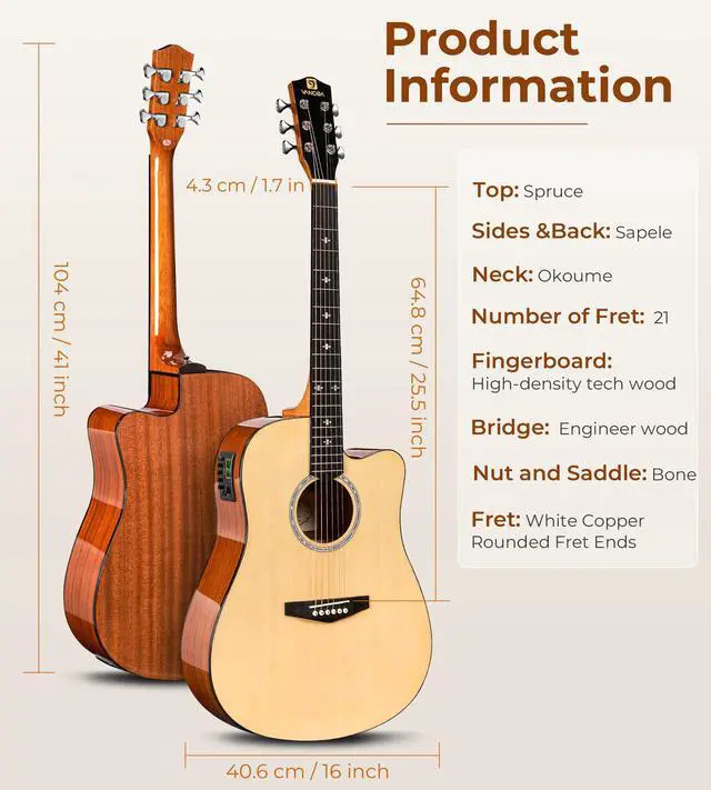 Alt view image 6 of 7 - Electric Acoustic Guitar Kit for Beginners Adults Full Size Cutaway Electric Acoustic Guitar Bundle Set with Built-in Pickups Bag Tuner Strap Capo Picks Cable, Glossy Natural