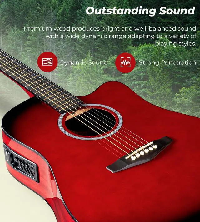 Alt view image 3 of 7 - Electric Acoustic Guitar Kit for Beginners Adults 41 inch Full Size Cutaway Electric Acoustic Guitar Bundle Set with Built-in Pickups Bag Tuner Strap Capo Picks Cable, Glossy Red