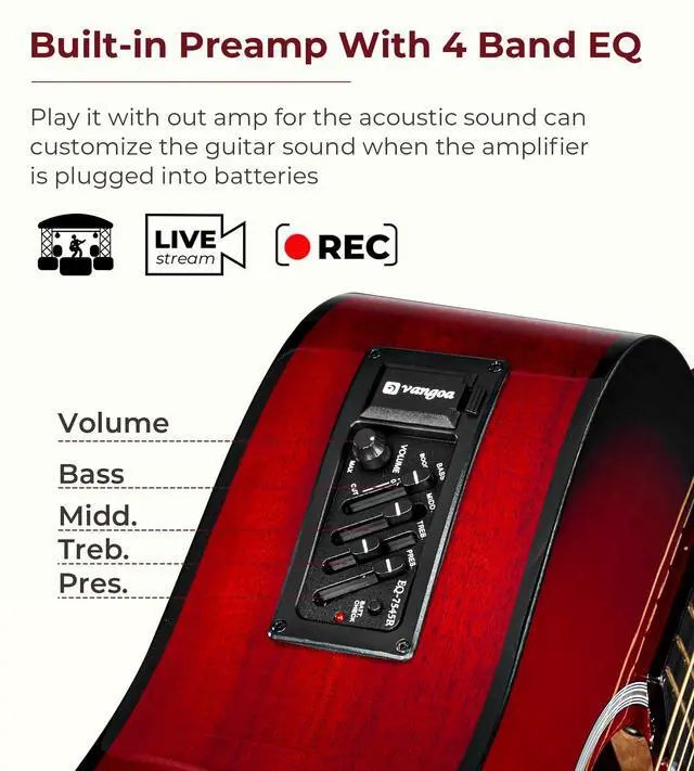 Alt view image 2 of 7 - Electric Acoustic Guitar Kit for Beginners Adults 41 inch Full Size Cutaway Electric Acoustic Guitar Bundle Set with Built-in Pickups Bag Tuner Strap Capo Picks Cable, Glossy Red