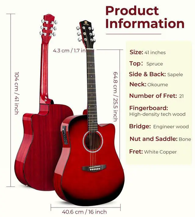 Alt view image 6 of 7 - Electric Acoustic Guitar Kit for Beginners Adults 41 inch Full Size Cutaway Electric Acoustic Guitar Bundle Set with Built-in Pickups Bag Tuner Strap Capo Picks Cable, Glossy Red