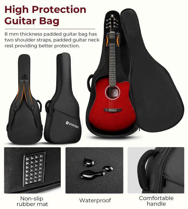 Alt view image 7 of 7 - Electric Acoustic Guitar Kit for Beginners Adults 41 inch Full Size Cutaway Electric Acoustic Guitar Bundle Set with Built-in Pickups Bag Tuner Strap Capo Picks Cable, Glossy Red