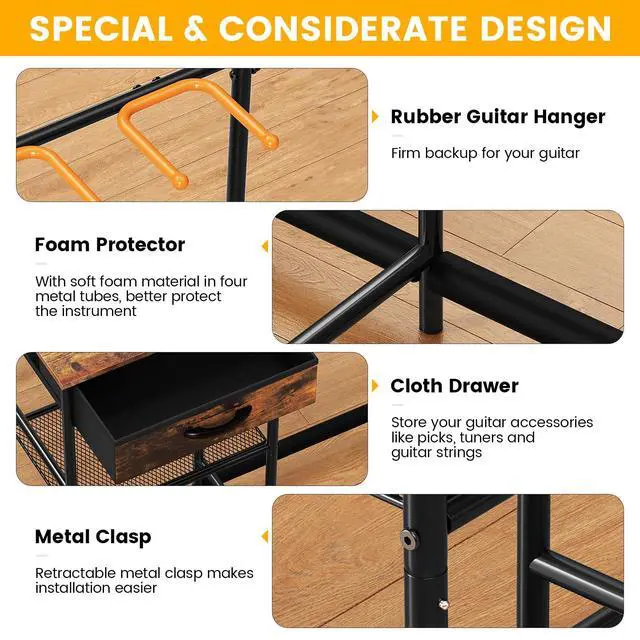 Alt view image 2 of 7 - Guitar Stands Floor with 6 Guitar Holders, 3-Tier Guitar Stand Multiple Guitars, Guitar Rack with Amp Stand & Cloth Drawer, Multi Guitar Stand for Music Studio, Guitar Accessories gift for Music Lover