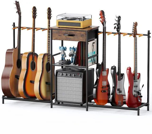 Main image of Guitar Stands Floor with 6 Guitar Holders, 3-Tier Guitar Stand Multiple Guitars, Guitar Rack with Amp Stand & Cloth Drawer, Multi Guitar Stand for Music Studio, Guitar Accessories gift for Music Lover