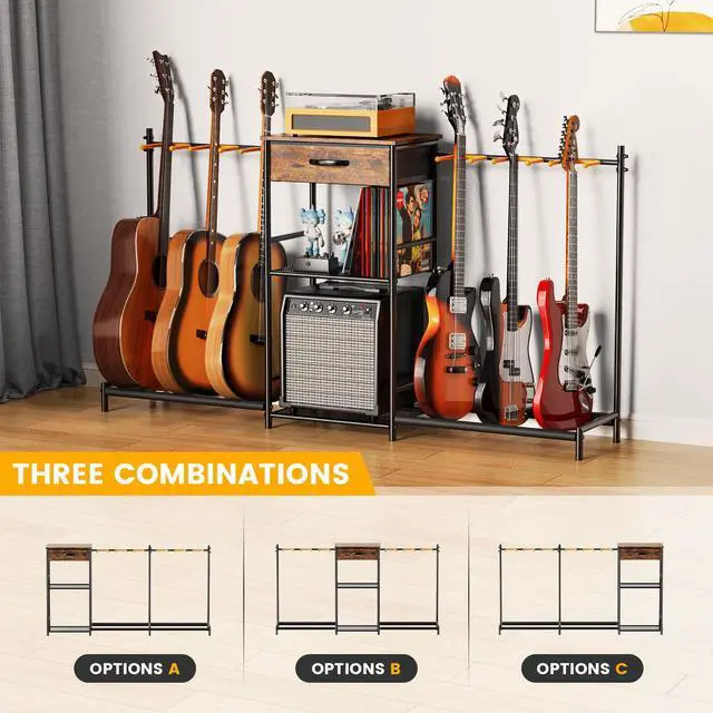 Alt view image 3 of 7 - Guitar Stands Floor with 6 Guitar Holders, 3-Tier Guitar Stand Multiple Guitars, Guitar Rack with Amp Stand & Cloth Drawer, Multi Guitar Stand for Music Studio, Guitar Accessories gift for Music Lover