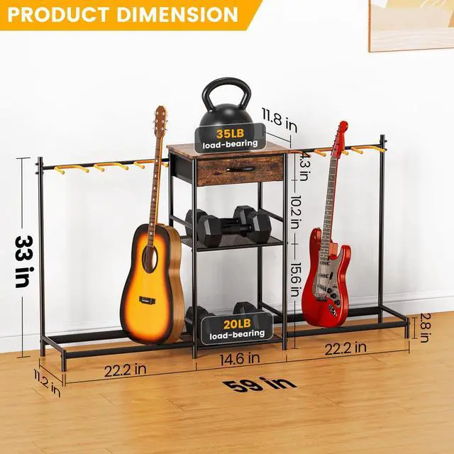 Alt view image 4 of 7 - Guitar Stands Floor with 6 Guitar Holders, 3-Tier Guitar Stand Multiple Guitars, Guitar Rack with Amp Stand & Cloth Drawer, Multi Guitar Stand for Music Studio, Guitar Accessories gift for Music Lover