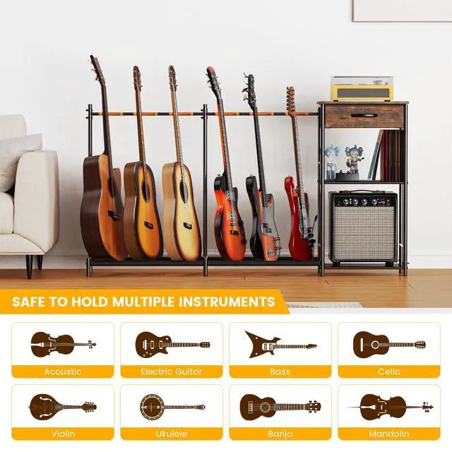 Alt view image 5 of 7 - Guitar Stands Floor with 6 Guitar Holders, 3-Tier Guitar Stand Multiple Guitars, Guitar Rack with Amp Stand & Cloth Drawer, Multi Guitar Stand for Music Studio, Guitar Accessories gift for Music Lover