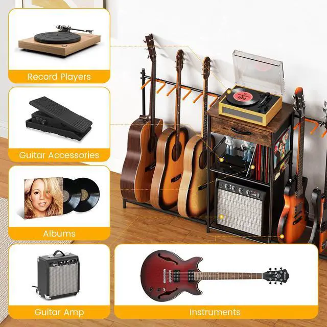 Alt view image 6 of 7 - Guitar Stands Floor with 6 Guitar Holders, 3-Tier Guitar Stand Multiple Guitars, Guitar Rack with Amp Stand & Cloth Drawer, Multi Guitar Stand for Music Studio, Guitar Accessories gift for Music Lover
