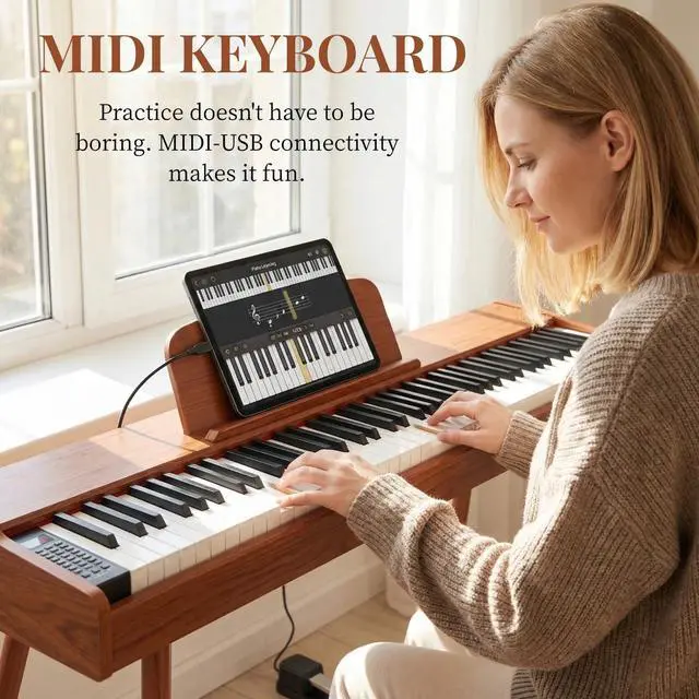 Alt view image 2 of 7 - 88 Key Digital Piano Keyboard with Stand & Sustain Pedal, Full-Size Semi Weighted Electric Piano for Beginners/Learners, Home Keyboard Piano with Headphone Jack, MIDI Connectivity, Brown