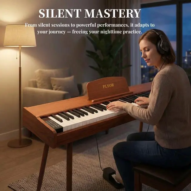 Alt view image 3 of 7 - 88 Key Digital Piano Keyboard with Stand & Sustain Pedal, Full-Size Semi Weighted Electric Piano for Beginners/Learners, Home Keyboard Piano with Headphone Jack, MIDI Connectivity, Brown