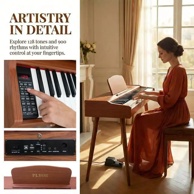 Alt view image 5 of 7 - 88 Key Digital Piano Keyboard with Stand & Sustain Pedal, Full-Size Semi Weighted Electric Piano for Beginners/Learners, Home Keyboard Piano with Headphone Jack, MIDI Connectivity, Brown