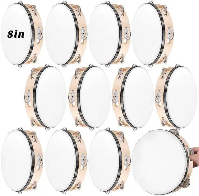 Main image of 12 Pcs Wedding Tambourine Drum Bulk for Adults Hand Held Percussion Gift Christmas Wood Metal Jingles Musical Educational Drum Instrument for Church Wedding Party Games(White,8 Inch)
