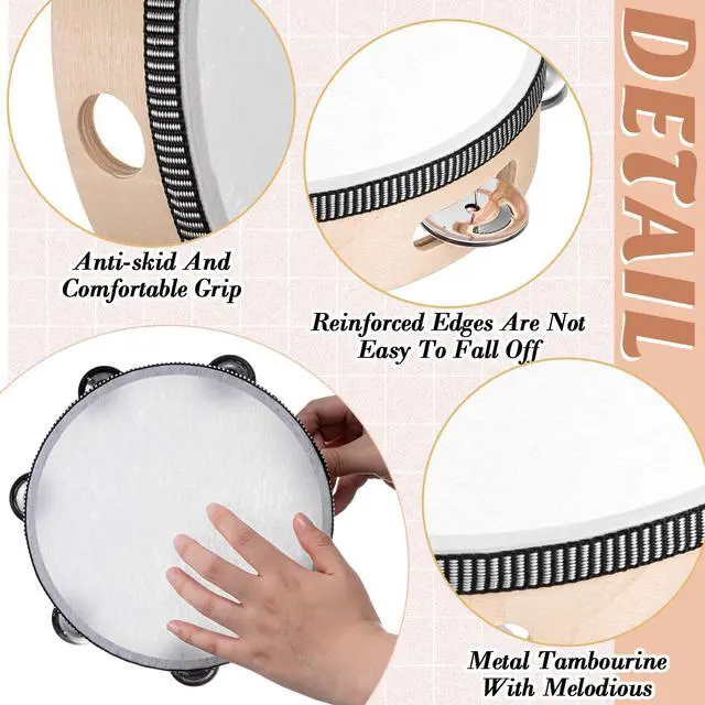 Alt view image 3 of 6 - 12 Pcs Wedding Tambourine Drum Bulk for Adults Hand Held Percussion Gift Christmas Wood Metal Jingles Musical Educational Drum Instrument for Church Wedding Party Games(White,8 Inch)