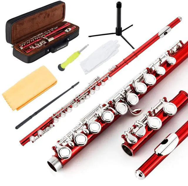 Main image of Closed Hole Flutes C 16 Key for Beginner, Kids, Student -Nickel Flute with Case Stand and Cleaning kit (Red)