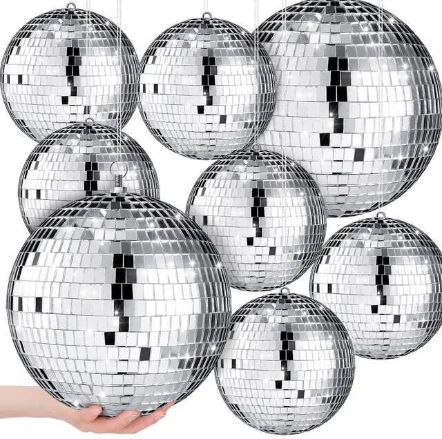 Main image of 8 Pcs Large Disco Ball Set Silver Mirror Disco Reflective Ball with Hanging Ring Party Ornament Decoration for Stage Club Ballroom Dance Hall Wedding Prom Props(8'', 6'')