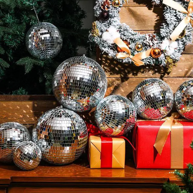 Alt view image 2 of 7 - 8 Pcs Large Disco Ball Set Silver Mirror Disco Reflective Ball with Hanging Ring Party Ornament Decoration for Stage Club Ballroom Dance Hall Wedding Prom Props(8'', 6'')