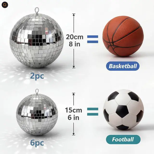 Alt view image 3 of 7 - 8 Pcs Large Disco Ball Set Silver Mirror Disco Reflective Ball with Hanging Ring Party Ornament Decoration for Stage Club Ballroom Dance Hall Wedding Prom Props(8'', 6'')