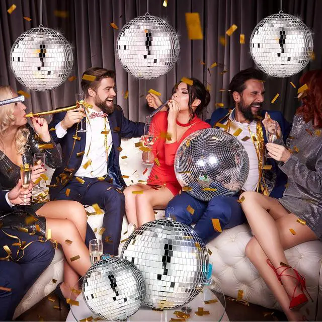 Alt view image 7 of 7 - 8 Pcs Large Disco Ball Set Silver Mirror Disco Reflective Ball with Hanging Ring Party Ornament Decoration for Stage Club Ballroom Dance Hall Wedding Prom Props(8'', 6'')