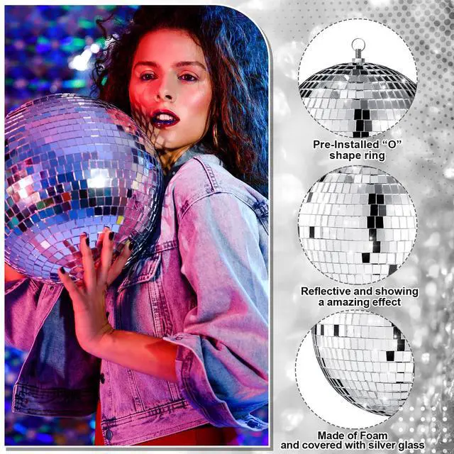Alt view image 4 of 7 - 8 Pcs Large Disco Ball Set Silver Mirror Disco Reflective Ball with Hanging Ring Party Ornament Decoration for Stage Club Ballroom Dance Hall Wedding Prom Props(8'', 6'')
