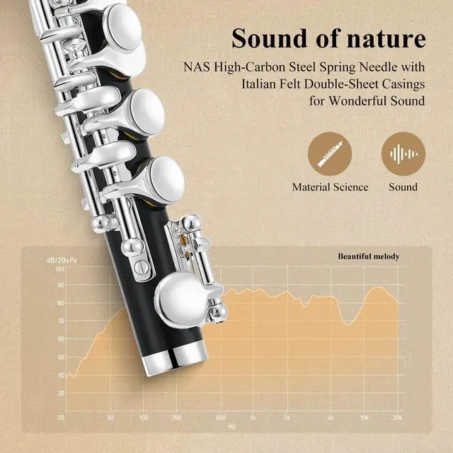 Alt view image 3 of 7 - Piccolo Instrument for Beginners Students, Key of C Flute, Resin, Hard Case, Cleaning Kit, Gloves, 2-Piece, Black, EPC-3S