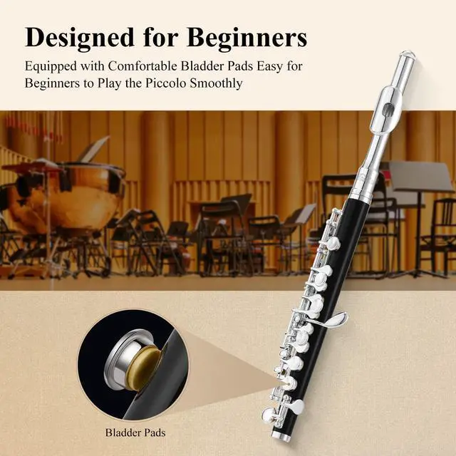 Alt view image 4 of 7 - Piccolo Instrument for Beginners Students, Key of C Flute, Resin, Hard Case, Cleaning Kit, Gloves, 2-Piece, Black, EPC-3S