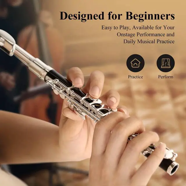 Alt view image 5 of 7 - Piccolo Instrument for Beginners Students, Key of C Flute, Resin, Hard Case, Cleaning Kit, Gloves, 2-Piece, Black, EPC-3S
