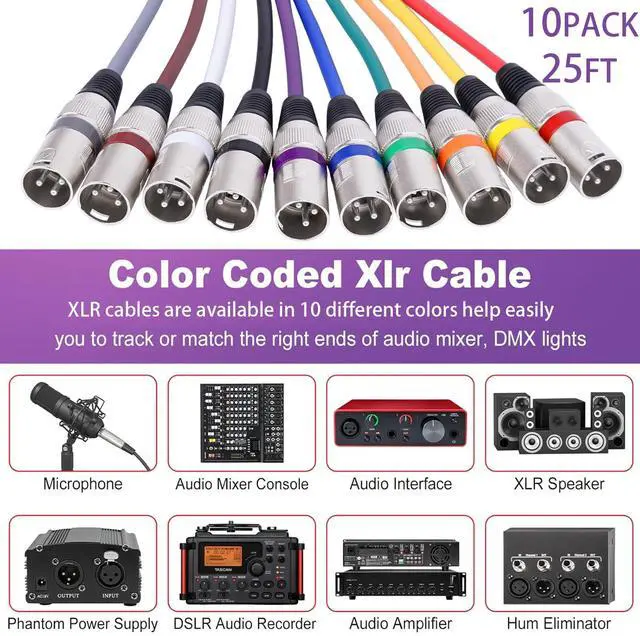 Alt view image 2 of 7 - 10 Pack XLR Cable 25ft Multicolor Male to Female Microphone Audio Cables | 10 Color XLR Cords with Color Boots, 3 Pin Balanced Cables for Microphones, DJ, Studio Recording, Mixer, Speaker Systems