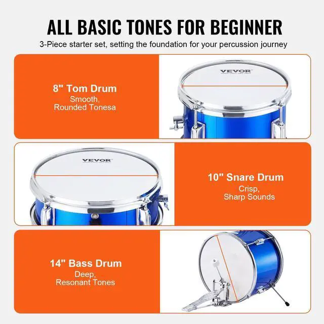 Alt view image 3 of 7 - Kids Drum Set, 3-Piece 14'' Beginner Drum Sets Junior Drums Set with Adjustable Throne, Two Pairs of Drumsticks, Cymbal, Pedal, Tom Snare Bass, Starter Drum Kit for Children Age 6-13